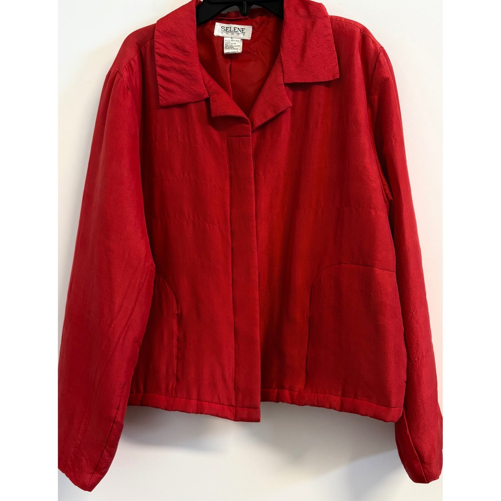 Selene Sport Red 100% Silk Padded Jacket Women Size L Hidden Button Front Pocket